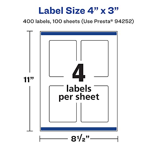 Avery® Printable Durable White Rectangle Labels, Sure Feed® Technology, 4" x 3", Print-to-the-Edge, Waterproof Labels, Laser & Pigment-Based Inkjet Compatible, 400 Total