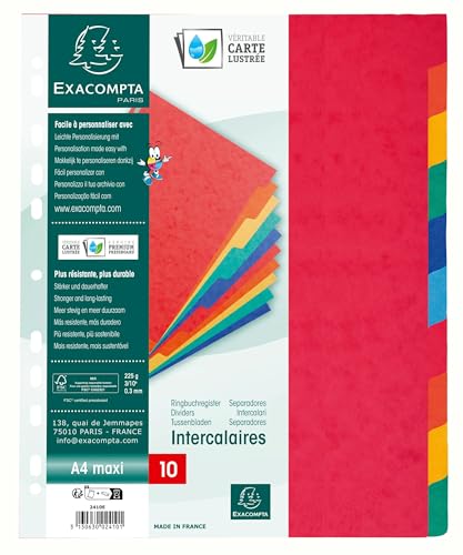 Exacompta - Ref 2410E - Box of 10 Dividers Made of Genuine Soft Glossy Card 225 g/m2 FSC® with 10 Neutral tabs - Format to File A4 Maxi - Dimensions 24.5 x 29.7 cm - Assorted Colours
