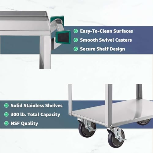 16" x 27" Commercial Stainless Steel Utility Cart with Three Shelves - NSF Service Cart with Handle and 5" Swivel Casters, Heavy-Duty Rolling Cart for Kitchen, Hotel and Catering