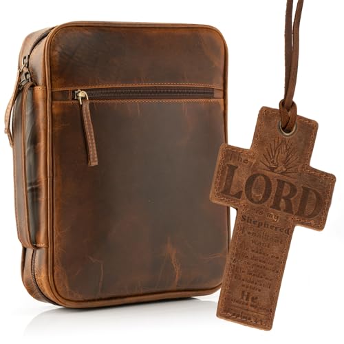 ELIZO Leather Bible Cover for Men Bible Case Women Holder Carrying Organizer Wrap Sleeve Protector Christian Religious Gift Cross Bookmark – Large Antique