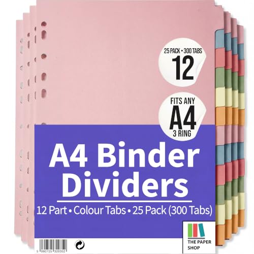 The Paper Shop 12 Tab Dividers for 3 Ring Binder - A4 (25 Pack) | Write-On Binder Dividers with Tabs for Office School & Classroom | Coloured Index Tabs, Blank & Writeable | Bulk 300-Tab Pack