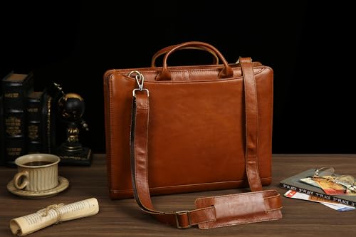 GZRHKJ Genuine Leather Padfolio Organizer，Professional Business Leather Briefcase with Strap，14×10.5 inch Customized Leather Padfolio with Handle-Brown
