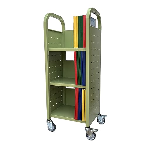 Workington Single Bank Rolling Book Truck Book Cart with 3 Flat Shelves, Library Book Cart with Swivel Lockable Casters 3000 Apple Green