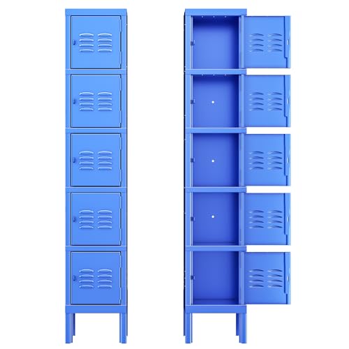 Greenvelly Metal Locker, 66" Lockers for Employees with 5Doors,Tall Steel Lockable Storage Lockers with Standing Legs,Card Slots,Vents for Gym,School,Office,Kids Room(Blue)