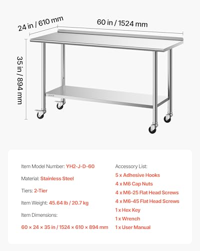 VEVOR Stainless Steel Work Table, 24x60 inch Food Prep Table with Wheels and Backsplash, Commercial Kitchen Workstation with Adjustable Undershelf, Metal Utility Worktable, for Restaurant Home Outdoor
