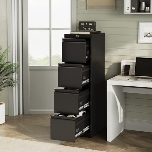 Takywep Heavy Duty 4 Drawer Metal File Cabinet with Lock, Secure Vertical Filing Cabinet for Letter, Legal, A4, F4 Documents, Office Storage Organizer for Home or Workplace,Black