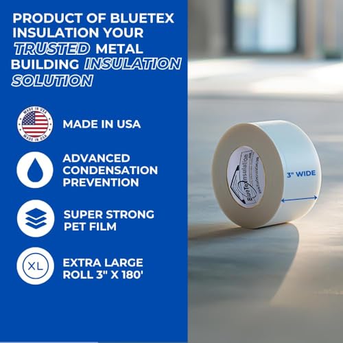 BlueTex Insulationㅤ3 Wide x 180' Long White Vapor Barrier Seam Tape - 4 Rolls Bulk Pack, Great for Crawlspaces, Waterproofing, Insulation Repairs, Underlayment Seams, Metal Building Insulation Seams