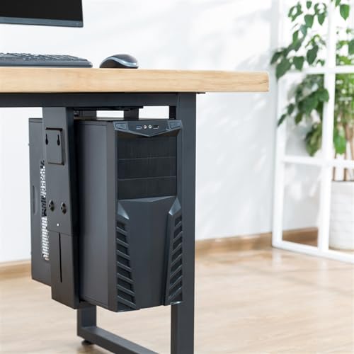 VHDY85KA Office Under Desk PC Holder Mount - Adjustable 360 Degrees Swivel CPU Tower Steel Bracket Adjustable Clamp-On Desk and Wall Installation PC Mount Accessories