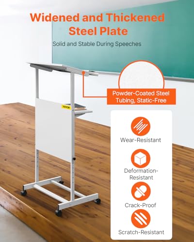 VEVOR Portable Floor Lectern, Height Adjustable, Wheeled Lectern with Dual-Layer Storage Shelf, Teacher Speaker Standing Desk, Podium Stand Classroom Presentation Stand for Speech, Church