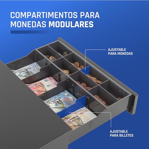 iggual IRON-20 Cash Box – Manual or Automatic Cash Register Box RJ11 (12 V) Compartment: x4 Bills and x8 Coins, Lock 3 Positions Lock, 42 x 40.5 x 10 cm. Black Steel Housing