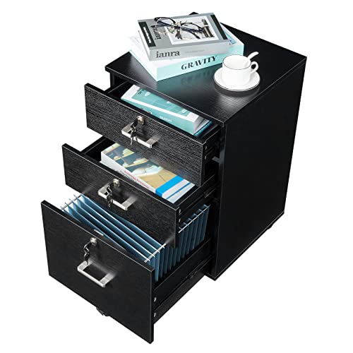 Black Cabinet with Wheels, Rolling Cabinet 15.7" L x 15.7" W x 26" H Drawer Mobile File Cabinet with Lock, Under Desk Filing Cabinet,Mobile Under Desk Organizer Wooden