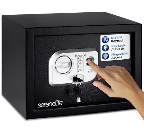 Serenelife Heavy Duty Fireproof Electronic Fingerprint Safe Box | Electronic Lock with Mechanical Override, Digital Touch Button Control Pad | Includes 2 Keys for Unlocking | 9.8D x 13.8W x 9.8H