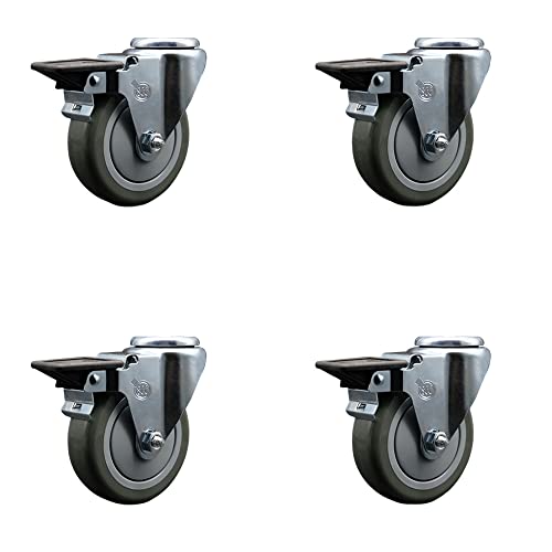 Polyurethane Swivel Bolt Hole Caster Set of 4 w/4" x 1.25" Gray Wheels - Includes 4 Swivel with Posi Lock Brakes - 1400 lbs Total Capacity - Service Caster Brand