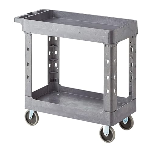 2 Shelf Utility Cart 34"x16" with Handle, Heavy-Duty Commercial Grey Work Rolling Cart, Service Tool Compartments, Movable Storage Trolley Organizer for Warehouse, Garage, Restaurant, Cleaning