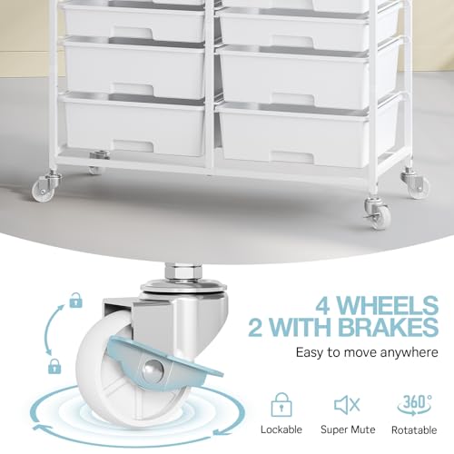 TOOLF 12 Drawers Rolling Storage Cart with Wooden Top for Classroom,White