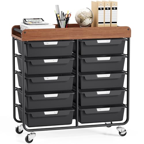 10 Drawers Rolling Cart with Wooden Tabletop, Utility Storage Cart with Wheels, Art Supply Craft Organizer on Wheel with Metal Frame & Handles for Home Office School,Black