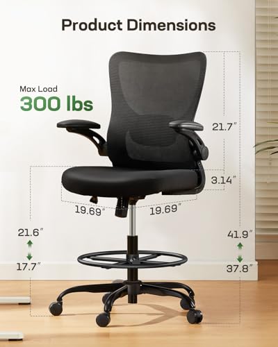 Marsail Drafting Chair, Tall Office Chair with 2D Lumbar Support, Standing Desk Chair,High Office Chair with Padded Flip-Up Armrests & Adjustable Footrest Ring, Dark