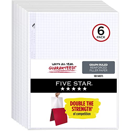 Five Star Loose Leaf Graph Paper, 6 Pack, Reinforced Filler Paper, 8.5 x 11, 100 Sheets per Pack