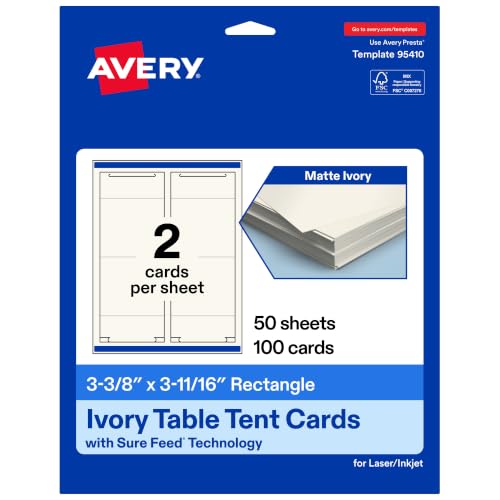 Avery Printable Rectangle Table Tent Cards, 3-3/8" x 3-11/16", Matte Ivory, Sure Feed Technology, Print-To-The-Edge Capability, Laser/Inkjet Compatible, 100 Total, Ideal for Packaging, and Displays