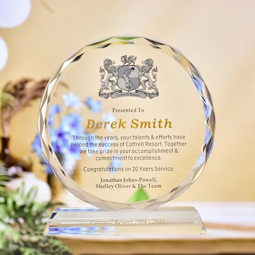 Diamond edge Extra-thick 6” Personalized Appreciation Gift Plaque for Happy Retirement Boss, Employee, Pastor, Pure K9 Crystal Clear Glass Circle Award with custom Name and Company LOGO (S - 6")