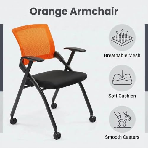 1 Pack Folding Conference Room Chair with Wheels, Orange Backrest
