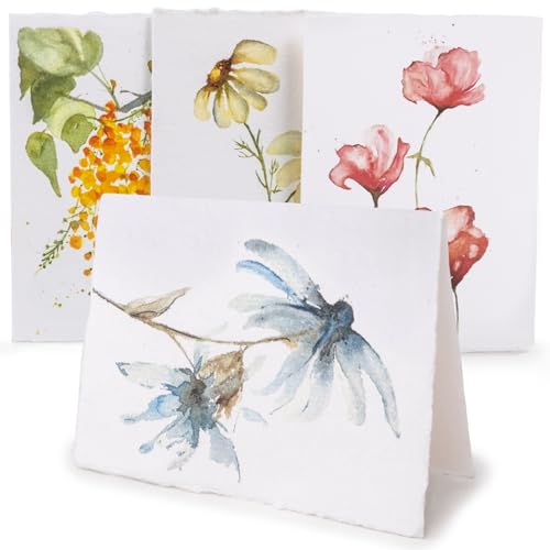 WANDERINGS Handmade Deckle Edge Blank Greeting Cards & Envelopes with Flower Art - 300 GSM Paper – 20 Cards for Invitations, Thank Yous, Get Well and Birthday Cards – 5" x 7"
