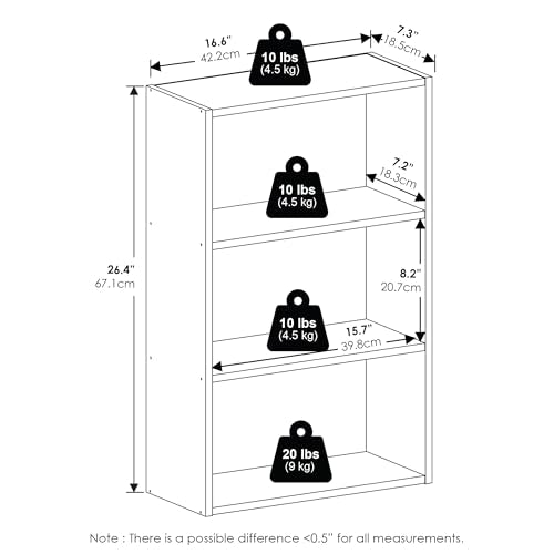 Furinno Basic Book Shelf, 3-Tier Bookshelf, Cube Storage Organizer Bookcase with Open Shelf, 7 x 17 x 26, for Living Room, Bedroom, Home Office, White