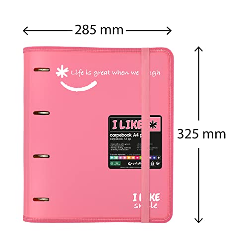 Grafoplás 88101853. 4 Die-Cut Ring Binder with Refill, A4, Light Pink, Semi-Rigid Polypropylene, Includes Dividers, Carpebook Like