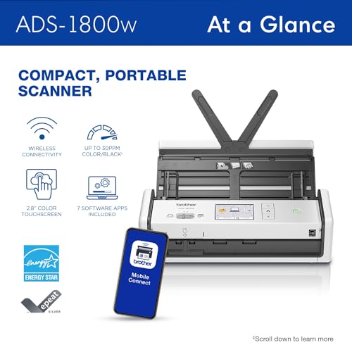 Brother ADS-1800W Wireless Compact Desktop Scanner | Scan Speeds of Up to 30ppm | 2.8" Color Touchscreen