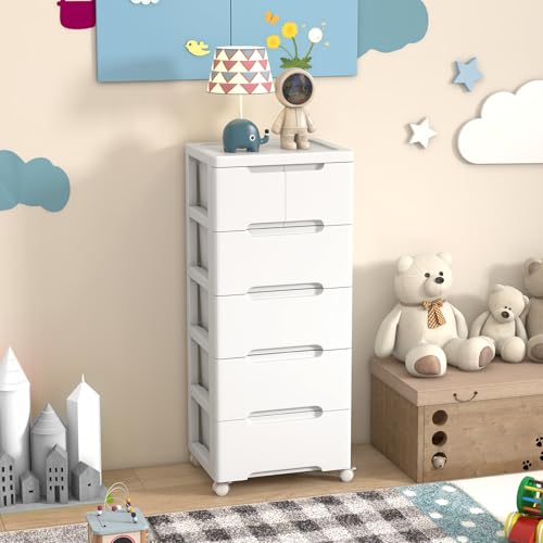 LDAILY Rolling Storage Cart with Drawers, 6 Drawers Storage Cart on Wheels Set of 2, Drawer Cart with 2 Lockable Wheels & Smooth Drawers, Plastic Rolling Cart White (16’’L x 13"W x 38’’H, 6 Drawer)