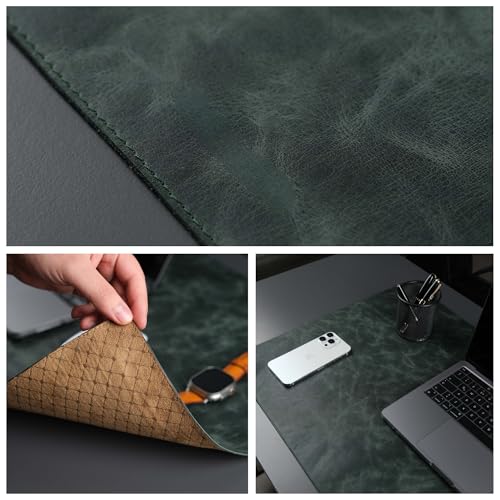 TORONATA Jersey Genuine Calfskin Leather Desk Pad, Office Desk Mat with Non-Slip Bottom, Smooth Surface for Mouse & Keyboard, Desk Protector (36x19 inches) (Dark Green)