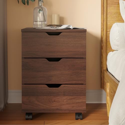 TERRUPEX Rolling File Cabinet for Home Office, 3-Drawer Vertical Mobile Filing Cabinet Under Desk, Small Wooden Storage Unit with Casters, White Mobile File Cabinets for A4/Letter (Brown)