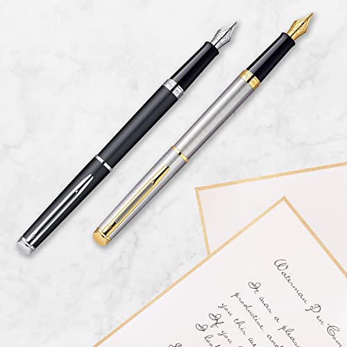 Waterman Hemisphere Fountain Pen Black with Gold Trim Medium Nib Blue Ink Gift Box