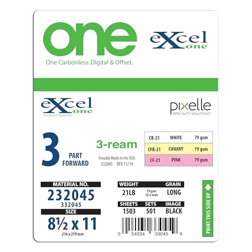 Excel One Carbonless Paper (232045) 8.5 x 11-3 part STRAIGHT/FORWARD (Bright White/Canary/Pink), (3 Reams, 501 sets)