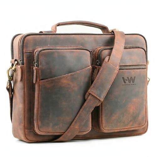 Handmade World Slim Genuine Leather Briefcase For Men Fits 16 Inch Laptop Satchel 'The StatesMan' Computer Messenger Bags For Business Office Work