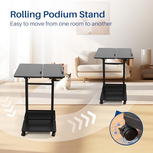 Podium Stand with Wheels, Height Adjustable Lectern Podium Stand, Rolling Portable Podium with 2 Swivel Shelves, Mobile Teacher Lectern for Classroom Church Office Presentation(Black)