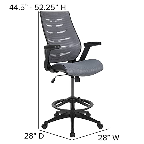 BizChair High Back Dark Gray Mesh Ergonomic Drafting Chair with Adjustable Flip-Up Arms