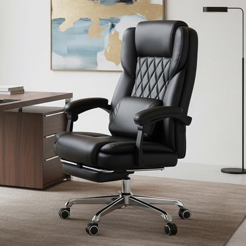 Massage Office Chair with Footrest, High Back Executive Chair, Ergonomic Desk Chair with Removable Pillow, 2 Lumbar Massage Points, Reclining, Leather Computer Chair, Black, Set of 2