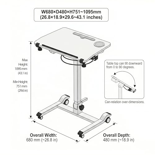 ApexDesk Mobile Standing Desk with 90° Tilting Top - Height Adjustable Pneumatic Laptop Cart - Foldable Rolling Presentation Podium with Tablet Slot & Cup Holder (Oak)