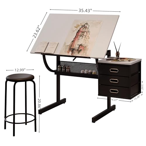 Drafting Table Drawing Desk Art&Craft Work Station with 3 Storage Drawers and Stool for Adults and Kids Teens, Tabletop Adjustable Paint Artist Tables for Art Studio Home Office School (Black White)