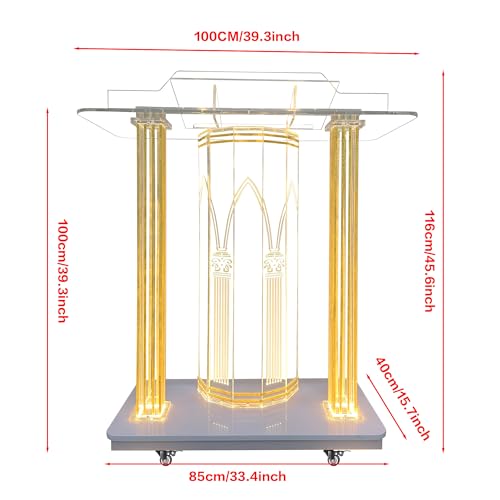 Church Pulpit,Acrylic Pulpit with Wheels,Golden Pattern Design,Led Acrylic Podium with Vertical Reading Platform, 46”Transparent Lecterns for Churches, Classroom (39.3”L*15.7”W *45.6”H)