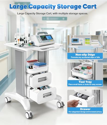 Medical Cart 3 Tiers, Lab Utility Cart with 2 Drawers & 1 Top Tray, ABS Mobile Medical Trolley Cart, Hospital Mobile Ultrasound Cart with 4 Silent Wheels for Dental Clinic, Beauty Salon, 220 LBS