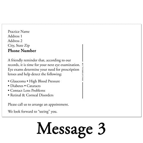 Appointment Reminder Postcards for Optometric & Optical. Customize Card Front and Back with Practice Information. 4"x6", Full-Color Front & Premium High Gloss UV Coating. Sturdy 16 Pt. Stock. (2500)