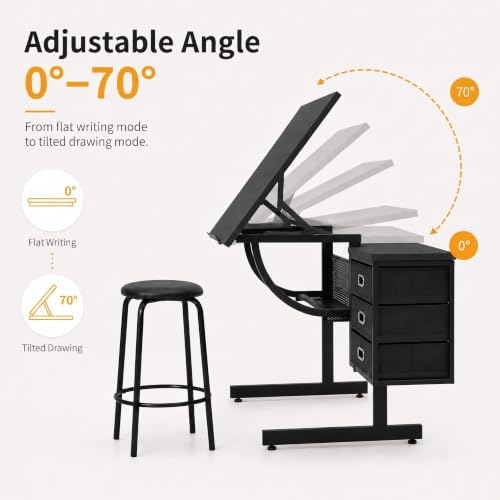 Beuiosda Drafting Table with Stool, 3 Storage Drawers, Black
