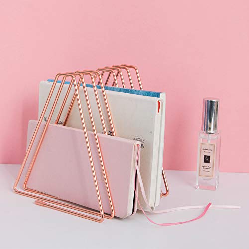 Files Folder Stand Desktop File Organizer,Triangle Copper Wire Book Shelf Magazine Rack, File Sorter Eye-catching Decoration for Indoor Office Home, Photography Props, Fashion (Rose Gold)