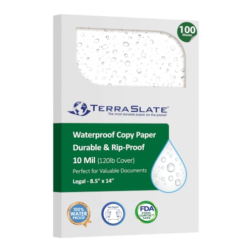 TerraSlate Printable Waterproof Paper for Laser Printer, 10 Mil 8.5" x 14", 100 Sheets, White Printer Paper I Rip-Resistant, Weather/Rain Proof Copy Paper