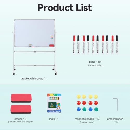 Mobile Rolling Double Sided Magnetic Whiteboard Easel on Wheels, Height Adjustable Steel Frame Dry Erase & Chalk Board with Lockable Casters, Accessory Kit for Office Classroom Home Teacher Supplies