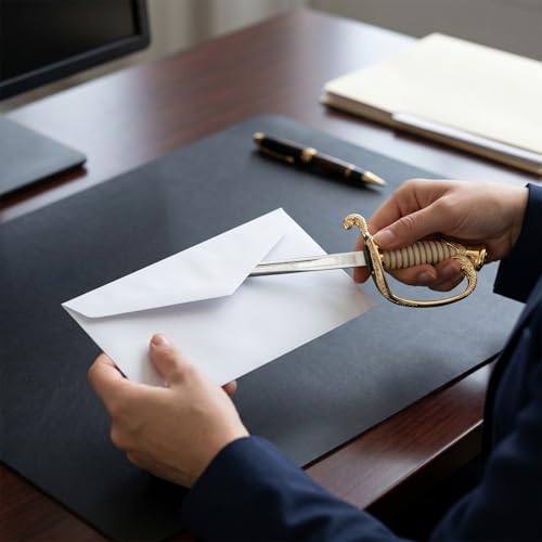 Glendale Parade Store Navy Officer Sword Letter Opener, Miniature Ceremonial Sword Replica, Laser Etched Stainless Steel Blade, Scabbard & Wood Display Stand, Military Desk Accessory, Veteran Gift