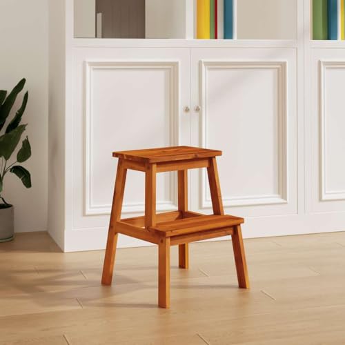 Natural Wood Two Step Stool Solid Acacia Wood Durable 15.7 Inch Long Step Stool for Home