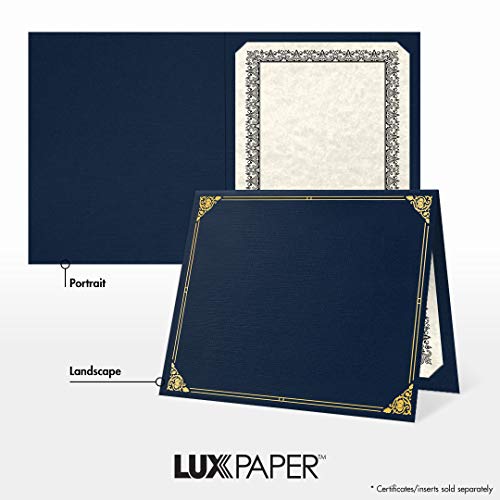 LUXPaper 9.5" x 12" Certificate Holders | Nautical Blue Linen | Embossed Gold Foil Floral Border | 100lb. Cover | 100 Qty